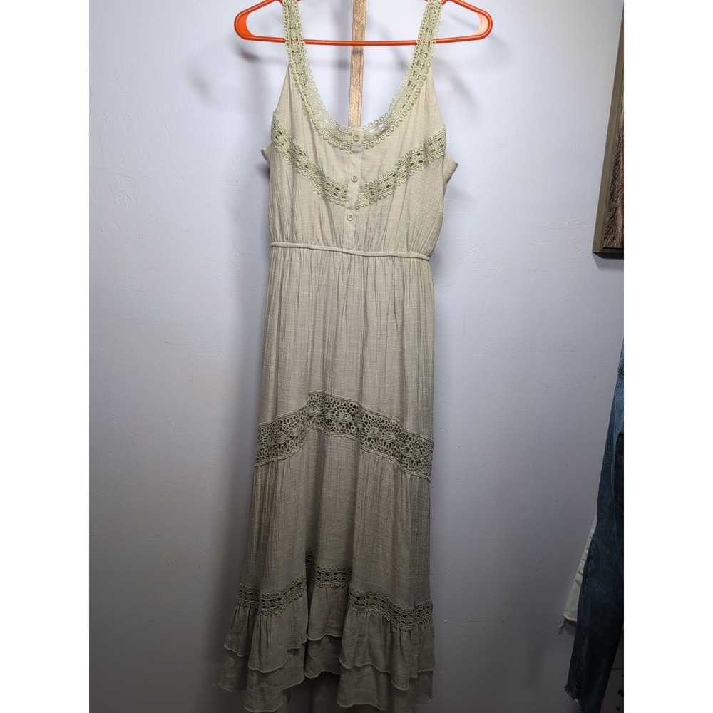 REBELLION Women's Greenish Beige Boho Ruffled Lace Long Maxi Style Dress Size L
